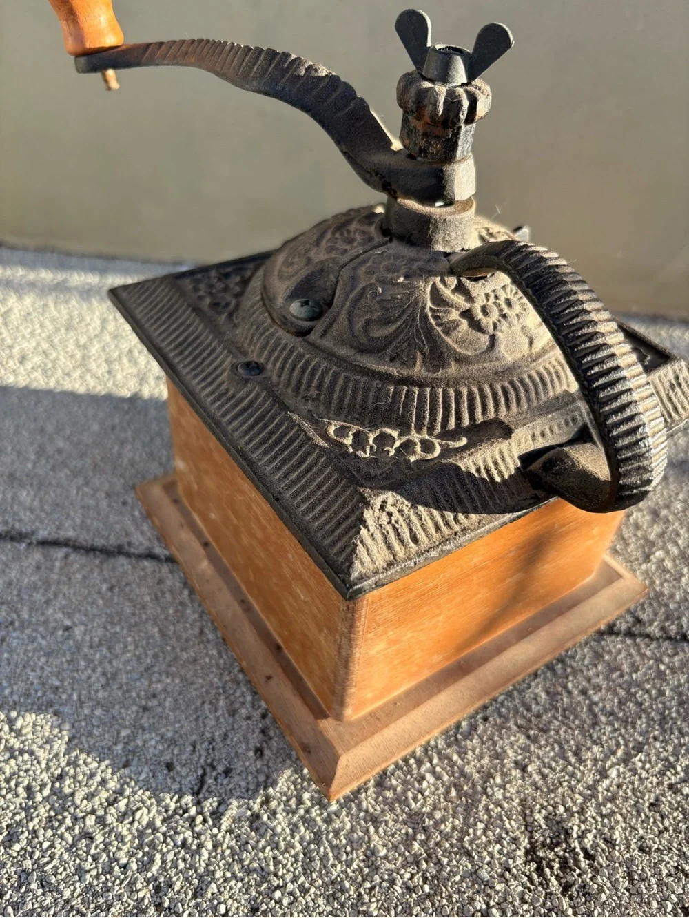 Vintage Wooden hand crank coffee grinder cast iron Rustic farmhouse decor